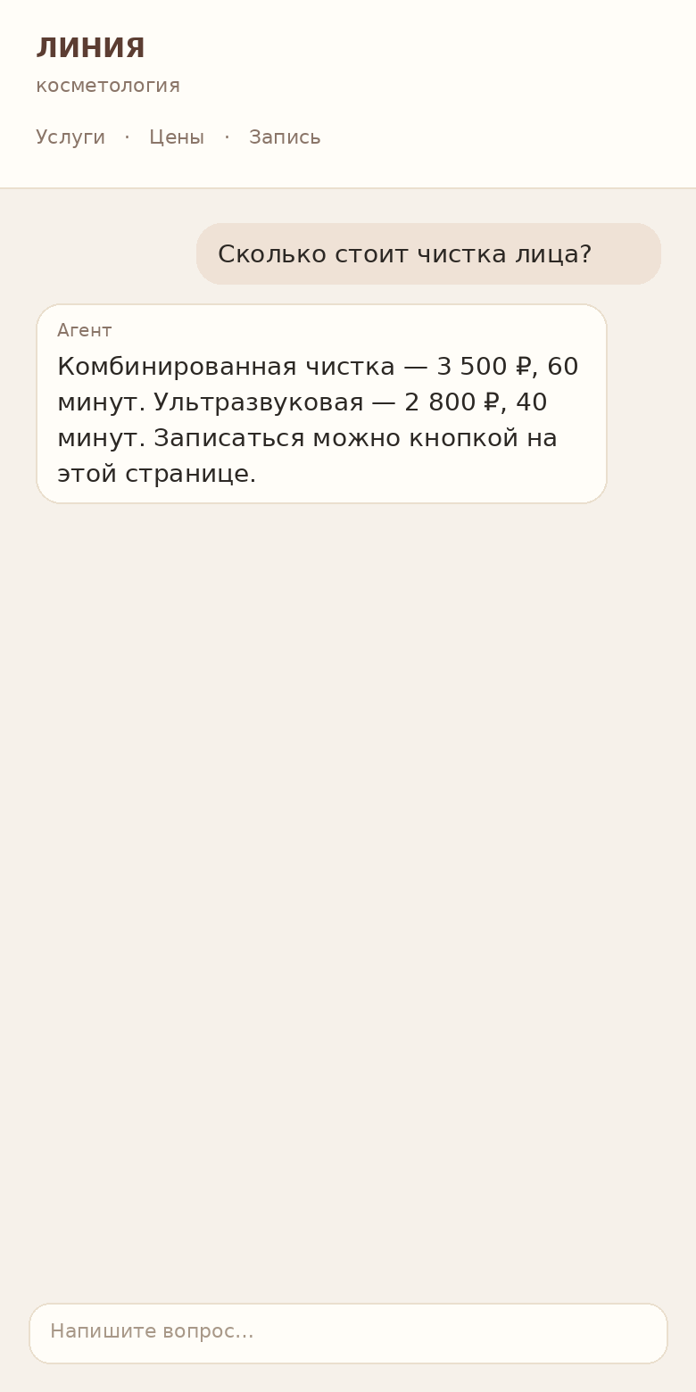 На сайте салона клиент спрашивает цену чистки, агент отвечает по прайсу